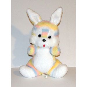 Peluche Lapin Nounours Multicolore Vintage - Doudou Lapin Arc En Ciel Fabrication Française 34 Cm - Occasion