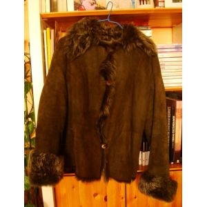 Veste Votre Nom En Cuir Souple Vert Olive Foncé Doublé Fourrure Même Ton - Occasion
