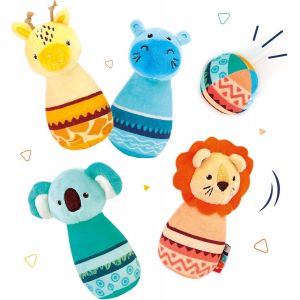 KALANKA-- Quilles Tissu - Jouet D'Éveil - Jeu De Bowling - Matière Douce - Stable - Silencieux - Dès 10 Mois - 1 Balle Et 4 Quilles Lestées - 1 Lion, 1 Hippopotame, 1 Koala, 1 Girafe - 6 x 6 x 14 cm - Occasion