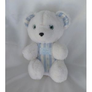 Doudou Peluche Ours Assis Blanc Rayures Bleu Grelot Tartine Et Chocolat - Occasion