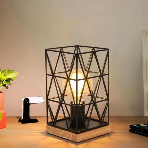 Lampe De Table E27 Industrielle, Lampe De Chevet M&eacute;tal Noir, Lampe De Table G&eacute;om&eacute;trique Avec Interrupteur 1,8M, Base De Veilleuse Bois Pour Chambre, Bureau, Salon, Bar (Sans Ampoule) - Occasion