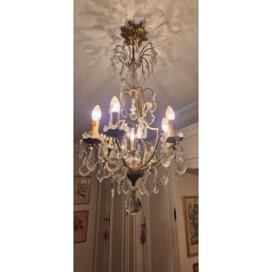 Lustre &Agrave; Pampilles 9 Bras Et 6 Lumi&egrave;res - Cristal Et Laiton - Hauteur 90 Cm - Largeur 40 Cm - Occasion