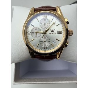 Montre Olevs Homme Cadran Blanc &iquest; Index Et Compteurs Dor&eacute; &iquest; Aiguilles Luminescentes &iquest; Bracelet Cuir - Occasion