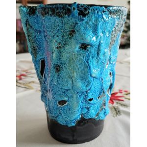 Vase vintage en c&eacute;ramique en lave bleu turquoise - Occasion