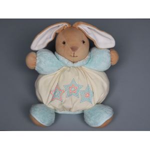 Doudou lapin boule Kaloo bleu beige &eacute;toiles orange - Occasion