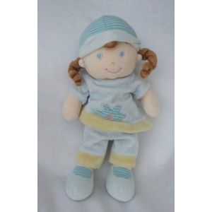 Doudou Poup&eacute;e Bleu Bonnet Et Fleur Rayures Bleu Et Vert Mots D'Enfants - Occasion