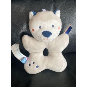 Doudou peluche husky blanc bleu rouge et gris hochet sucre d orge 15cm - Occasion