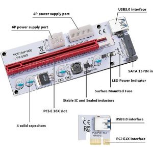 Packs PCIE PCI-E Riser 16x à 1x Carte Adaptateur w/ 60cm par USB 3.0 Prolongation Cable 6-pin / 4-pin/sata Interface - gpu Riser Adaptateur, mining cryptos - Occasion