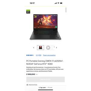 HP Omen 17-CK2024NF - 17.3" Intel Core i7-13700HX - 1.5 Ghz - Ram 32 Go - SSD 1 To - Occasion