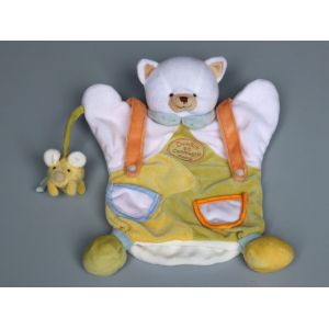 Doudou Chat Marionnette Blanc Jaune Vert Orange Souris Doudou Et Compagnie - Occasion