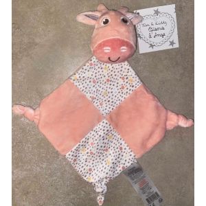 Doudou vache Tom & Kiddy rose fleurs Bisous d'ange peluche hochet mouchoir bebe losange - Occasion