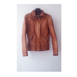 Blouson Cuir Kaporal Agneau Pleine Fleur Veste Cognac Jacket Camel Taille M Medium Mixte Homme /Femme Elegant Vetement Toute Saison Coupe Droite Col Fermeture Zip Et Pression 2 Poches Zippé Poche Int - Occasion