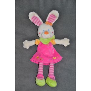 Doudou Peluche Lapin Robe Rose Foulard Vert Jambes Et Oreilles Ray&eacute;es Mots D'enfants - Occasion