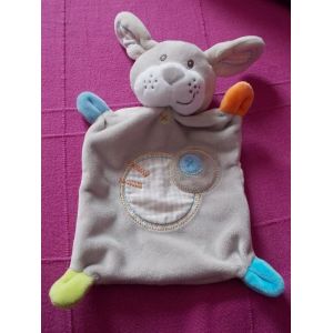 Doudou Peluche Lapin Chien Nicotoy Plat Gris Ronds Bleu Vichy Beige - Occasion