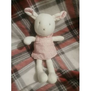 Doudou Lapin Blanc Robe Pois Rose Rouge Grelot Dpam - Occasion