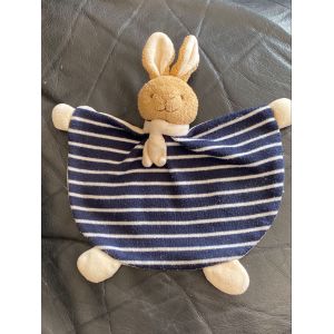 Doudou Plat Gerca Lapin Beige Rayure Bleu Marine Et Blanc Echarpe 22cm - Occasion