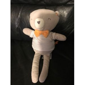 Tape A L'oeil Tao Doudou Ours Gris Pull Rayee Noeud Papillon Jaune Orange 26cm - Occasion