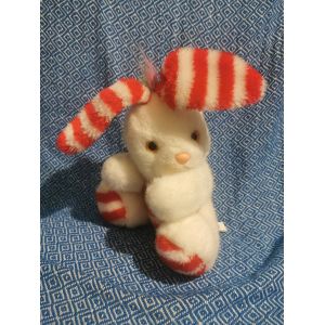 Doudou Peluche Lapin Assis Blanc Rayé Rouge Yeux Orange Mt Vintage - Occasion