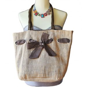 Sac à bandoulières tissu ficelle tons marron beige et blanc TBE - Occasion