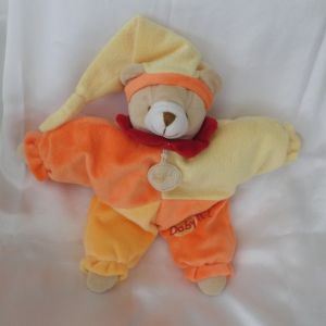 Doudou Peluche Ours Quasi Plat Orange Jaune Col Rouge BabyNat' - Occasion