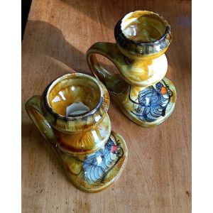 Paire de BougeoirsBastian Le Pemp en Faience de Quimper - 16,5 x 17cm env. ouvertures 6.5/ 7cm env ,mod&egrave;le &agrave; l oiseau - 2 Pi&egrave;ces uniques - Occasion