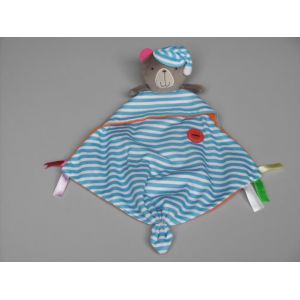 Doudou ours plat Bobbies & Friends bleu ray&eacute; blanc orange - Occasion