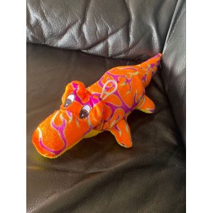 Doudou peluche crocodile orange et violet jaune 29cm - Occasion
