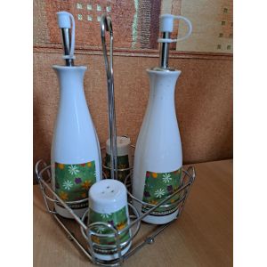 Set Huile Vinaigre Sel Et Poivre Neufs Sur Support En Inox En Céramique - Occasion