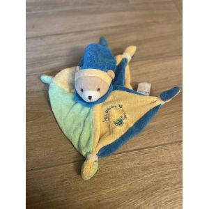 Doudou peluche ours baby nat bleu vert jaune bonnet - Occasion