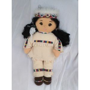 Poupée Doudou Indienne Chiffon Tunique Et Pantalon Ecru Cheveux Noir Couettes Cuddle Wit - Occasion