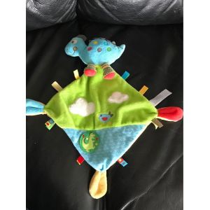 Doudou Plat Dinosaure Dragon Bleu Vert Rouge Jaune Nuages Oiseau Blancs Nicotoy - Occasion
