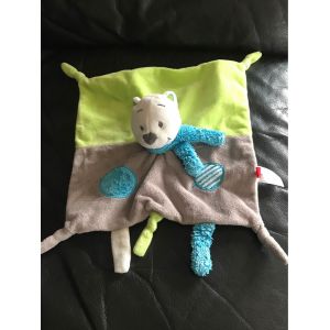 Doudou Plat Ours Gris Vert Echarpe Bleue Tex 24*24cm - Occasion