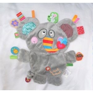 Doudou Peluche Plat El&eacute;phant Gris Rouge Vert Souris Etiquettes Label Label - Occasion