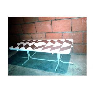 Table Design Art Deco Emaillee Geometric Blanc Marron Metal Gueridon Desserte Selette Rectangulaire Style Modern Structure Tubes Support Presentation Mobilier Salon Divan Coin Canape - Occasion