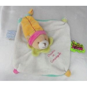 Doudou Peluche Plat Ours Blanc Tatoo Bonnet Jaune Col Vert Doudou Et Compagnie - Occasion