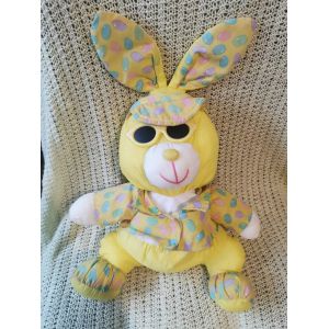 Doudou Peluche Lapin Jaune Lunette Chemise Bonbons Toile De Parachute Et Tissu - Occasion