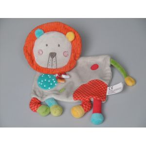Doudou lion plat Nicotoy gris orange rouge bleu vert - Occasion