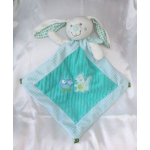 Doudou Peluche Plat Lapin Bleu Losange Hibou Renard Mots D'Enfants - Occasion