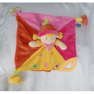 Doudou Plat Fille Lutin Poup&eacute;e Rose Jaune Ronds T&eacute;tine Dentition Mots D'Enfants - Occasion