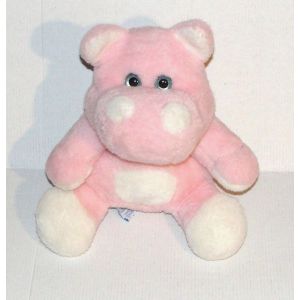 Peluche Hippopotame Nounours Rose Blanc Aux Yeux Bleu - Doudou Hippos 27 Cm - Occasion