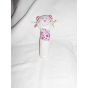 Doudou Hochet Pouet Chat Aubert P'tit Bisou Fleur Rose Fushia Blanc Bleu Etiquette Jaune Bruit De Papier - Occasion