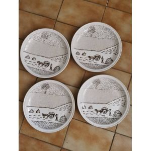 4 Assiettes Plates Sarguemines. Décor Champêtre. - Occasion