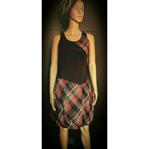 Robe Originale Bi-Mati&egrave;re 100% Neuve - 38 Type 36 / 38 - Style Tunique Noir Cintr&eacute;e Et Bas Effet Jupe &Eacute;lastiqu&eacute; Forme Boule - &Agrave; Carreaux Rayures Rouge Noire Gris Clair Et Fonc&eacute; - Pour Femme Ou Fille - Occasion