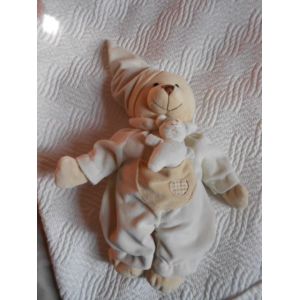 Doudou Peluche Mgm Dodo D'amour Ours Et Son Bebe Ourson Poche CoeurMarron Creme Ecru Ivoire Vichy 35cm Grelot Pyjama Grenouillere Bille Dans Le Corps - Occasion