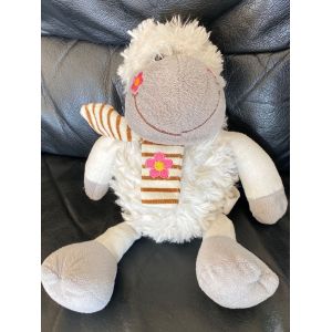 Peluche doudou mouton blanc &eacute;charpe ray&eacute;e marron blanc fleur rose 32cm - Occasion