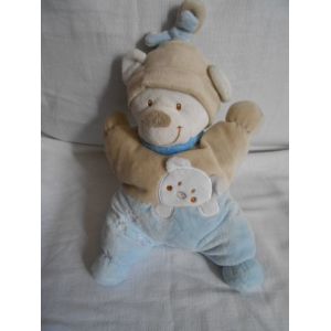 Doudou Peluche Ours Bear Teddy Bär Orso Coussin Semi Plat Nicotoy Simba Kiabi Bleu Beige Bonnet Nuit Empreinte Bébé - Occasion