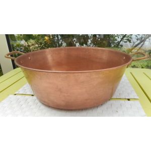 Ancienne Grande Bassine À Confiture En Cuivre Massif, Excellent État Anse Laiton, Rivets Cuivre, Hauteur 13.5 Cm, Diamètre Supérieur 37.3 Cm, Poids 1.7 Kg - Occasion