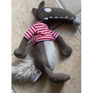 DOUDOU LOUP MARRON GRIS PULL ROUGE RAY&Eacute; AUZOU 30CM - Occasion