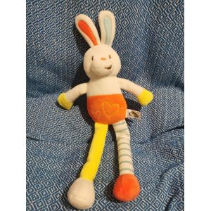 Doudou Lapin Grelot Blanc Jaune Orange Rayé Bleu Coeur Baby Auchan - Occasion