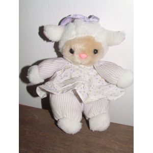 Agneau Mouton Doudou Peluche Blanc Raye Robe Ancien Vintage - Occasion